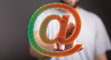 Fototapete - Person holding a futuristic email symbol.  Technology, communication, internet concept.