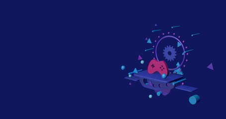 Poster - Pink joystick symbol on a pedestal of abstract geometric shapes floating in the air. Abstract concept art with flying shapes on the right. 3d illustration on indigo background
