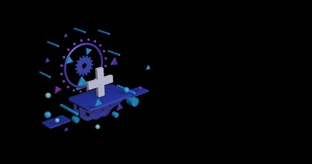Poster - White plus symbol on a pedestal of abstract geometric shapes floating in the air. Abstract concept art with flying shapes on the left. 3d illustration on black background