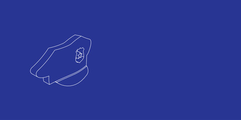 Poster - The outline of a large police cap symbol made of white lines on the left. 3D view of the object in perspective. Vector illustration on indigo background