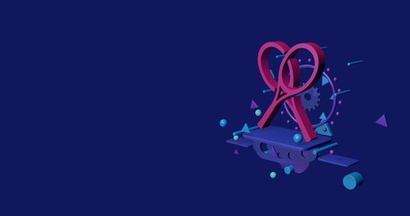 Poster - Pink crossed tennis rackets symbol on a pedestal of abstract geometric shapes floating in the air. Abstract concept art with flying shapes on the right. 3d illustration on indigo background