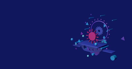 Poster - Pink sun on a pedestal of abstract geometric shapes floating in the air. Abstract concept art with flying shapes on the right. 3d illustration on indigo background