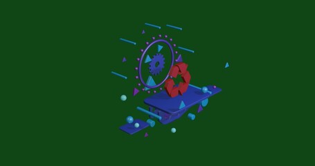 Poster - Red recycling symbol on a pedestal of abstract geometric shapes floating in the air. Abstract concept art with flying shapes in the center. 3d illustration on green background