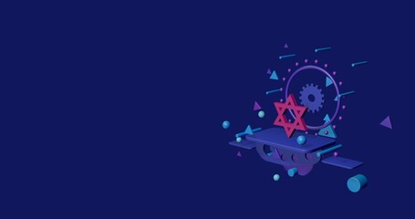 Poster - Pink star of David symbol on a pedestal of abstract geometric shapes floating in the air. Abstract concept art with flying shapes on the right. 3d illustration on indigo background