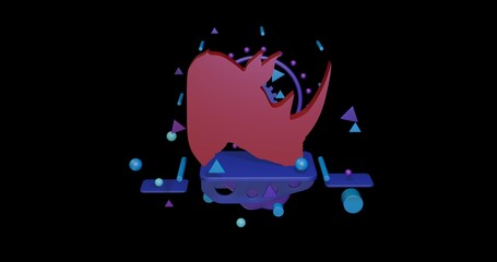 Poster - Red rhinoceros head symbol on a pedestal of abstract geometric shapes floating in the air. Abstract concept art with flying shapes in the center. 3d illustration on black background