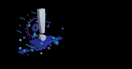 Poster - White exclamation symbol on a pedestal of abstract geometric shapes floating in the air. Abstract concept art with flying shapes on the left. 3d illustration on black background