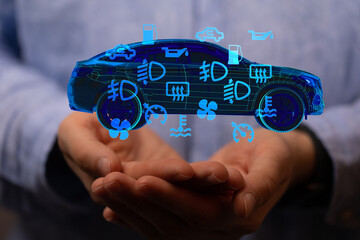 Poster - Modern car technology.  Digital display of auto diagnostics and maintenance alerts.