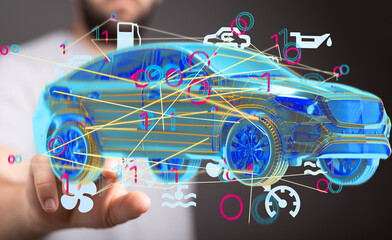 Poster - Innovative technology showing car maintenance and diagnostics.  3D model, interactive, futuristic.
