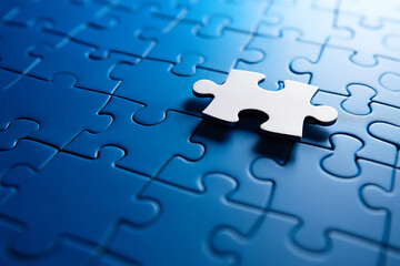 a single white puzzle piece resting atop a sea of blue puzzle pieces representing teamwork and solvi