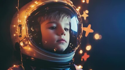 Aufkleber - A young boy wears a space suit while standing near glowing lights, great for sci-fi or futuristic themed projects