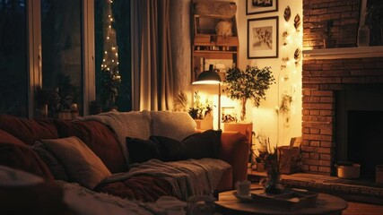 Poster - A warm and inviting living room with comfortable furniture and a crackling fireplace