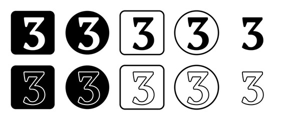 Poster - Icon set of number three symbol. Filled, outline, black and white icons set, flat style.  Illustration on transparent background