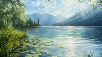 Aufkleber - A serene lake scene featuring floating lily pads and calm water, perfect for use in nature-inspired designs