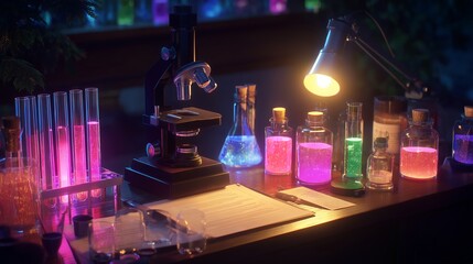 Poster - colorful laboratory setup with glowing liquids and a microscope at night