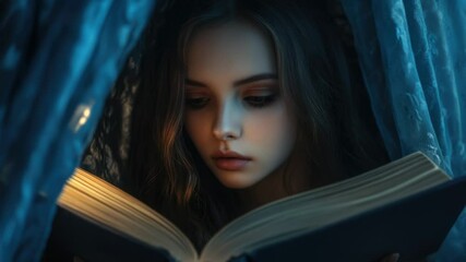 Poster - A woman reads a book by dim light, perhaps in a cozy atmosphere or with a flashlight