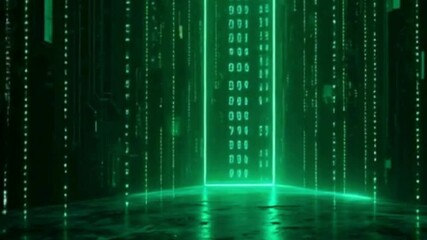Glowing binary code falling through digital matrix environment