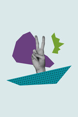 Poster - Vertical 3d poster trendy image artwork collage of human hand show non-verbal gesture communication fingers body language