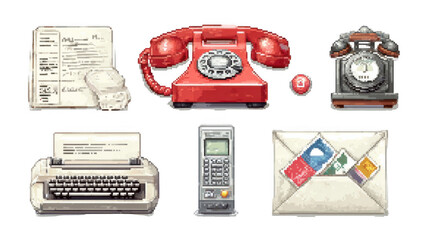 Fototapete - Pixel art illustration featuring a collection of communication tools, including vintage telephones, a typewriter, a mobile phone, and various stationery items, set against a transparent background