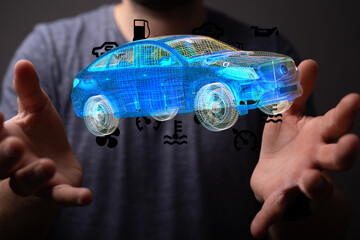 Poster - Futuristic image of a digital car model with diagnostic icons, representing car maintenance and technology.