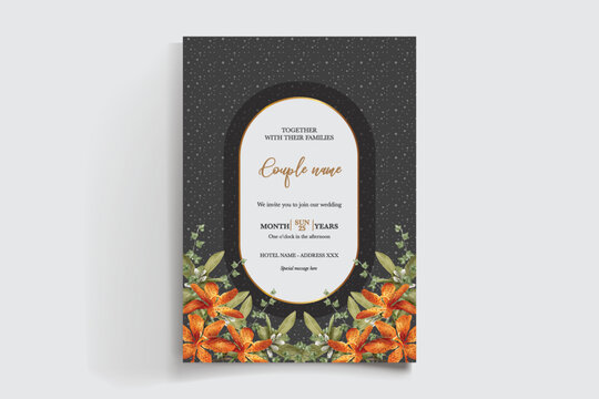 WEDDING INVITATION FRAME WITH FLOWER DECORATIONS AND FRESH LEAVES