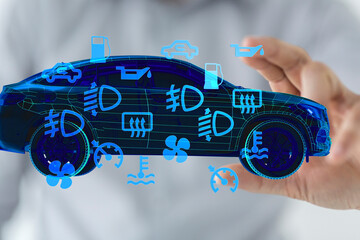 Poster - Stock photo of a digital car with illuminated warning lights and indicators.  Perfect for automotive technology and repair.