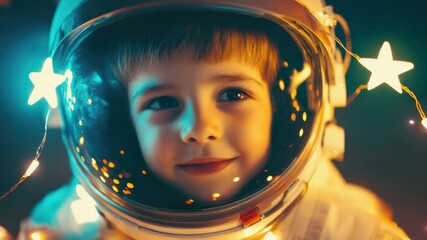 Aufkleber - A young child dressed in a mini astronaut costume with flashing lights, ideal for use as an illustration or graphic