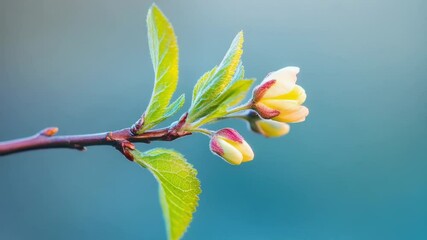 Poster - A small, growing branch of a cherry tree with green leaves and buds