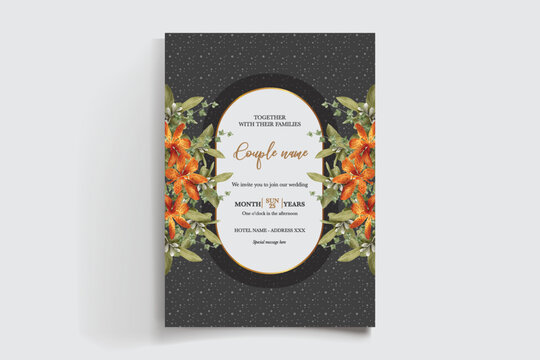 WEDDING INVITATION FRAME WITH FLOWER DECORATIONS AND FRESH LEAVES