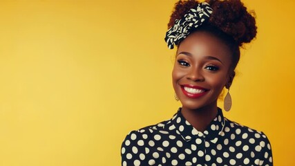 Poster - A woman wearing a colorful polka dot shirt and a matching bow tie, great for fashion or lifestyle illustrations