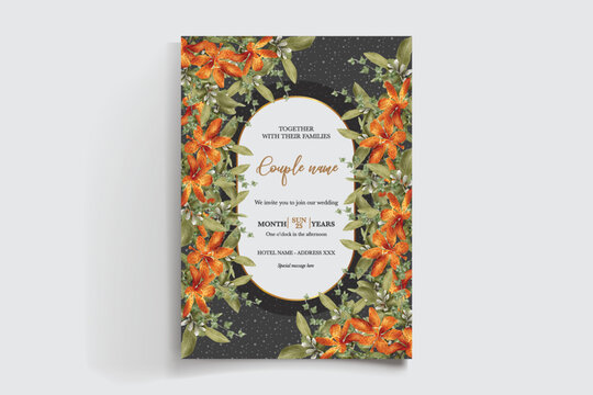 WEDDING INVITATION FRAME WITH FLOWER DECORATIONS AND FRESH LEAVES