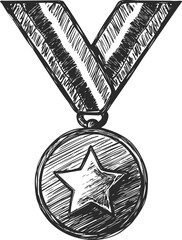 Poster - Black and white sketch of a medal with star and striped ribbon, hand-drawn art. Vector illustration