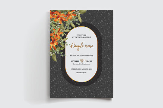 WEDDING INVITATION FRAME WITH FLOWER DECORATIONS AND FRESH LEAVES