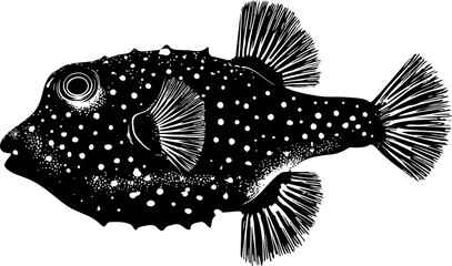 Poster - Silhouette of a spotted boxfish with intricate fins in black and white illustration. Vector illustration