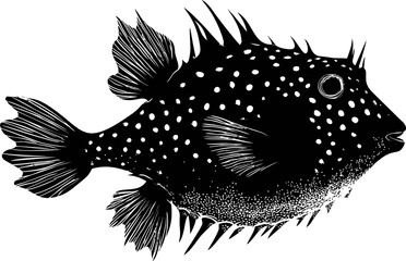Poster - Silhouette of a spiky fish with spotted pattern in black and white illustration. Vector illustration