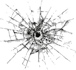 Poster - Fractured black and white sketch of broken glass with central impact point. Vector illustration