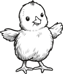 Poster - Cute cartoon chick with outstretched wings sketched in black and white. Vector illustration