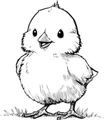 Poster - Cute cartoon chick illustration in black and white with detailed line art. Vector illustration