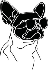 Aufkleber - Black and white line art of a dog wearing sunglasses, digital illustration. Vector illustration