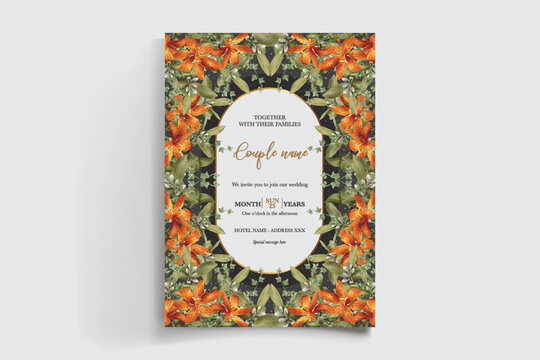WEDDING INVITATION FRAME WITH FLOWER DECORATIONS AND FRESH LEAVES