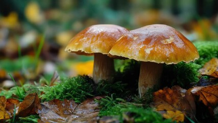 Poster - A pair of mushrooms sit atop a pile of fallen leaves