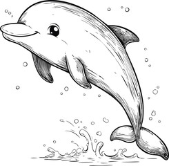 Poster - Happy cartoon dolphin jumping out of water in black and white illustration. Vector illustration