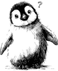 Poster - Adorable baby penguin sketch with questioning expression in black and white. Vector illustration