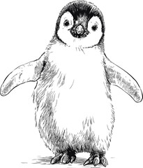 Poster - Black and white sketch of a cute penguin chick with open wings, illustration. Vector illustration