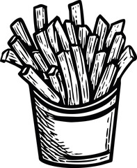 Aufkleber - Black and white drawing of french fries in a container, hand-drawn style. Vector illustration