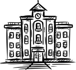 Poster - Hand-drawn black and white school building with clock at entrance, architectural sketch. Vector illustration
