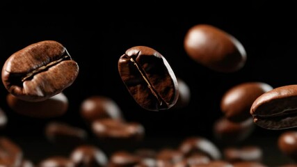 Poster - A group of coffee beans suspended in mid-air