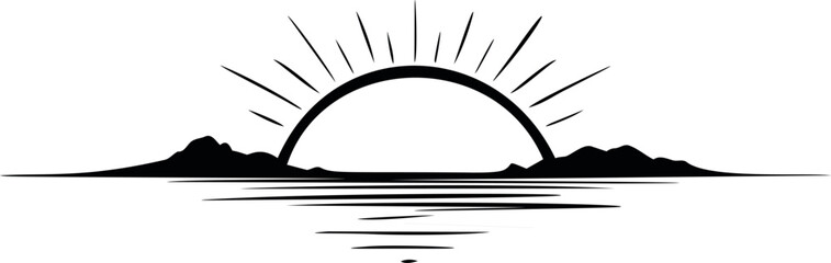 Poster - Silhouette of a sunrise over mountains and water in black and white vector art. Vector illustration