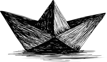 Aufkleber - Black and white sketch of a paper boat floating on water, artistic illustration. Vector illustration