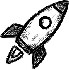 Poster - Sketch of a vintage rocket ship in black and white with bold outlines. Vector illustration