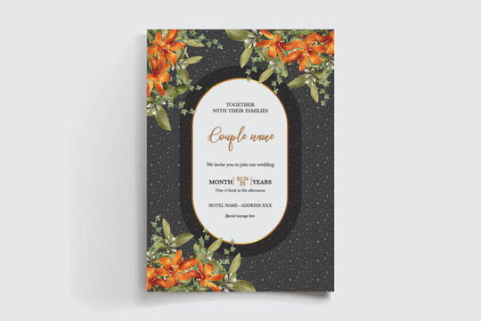 WEDDING INVITATION FRAME WITH FLOWER DECORATIONS AND FRESH LEAVES